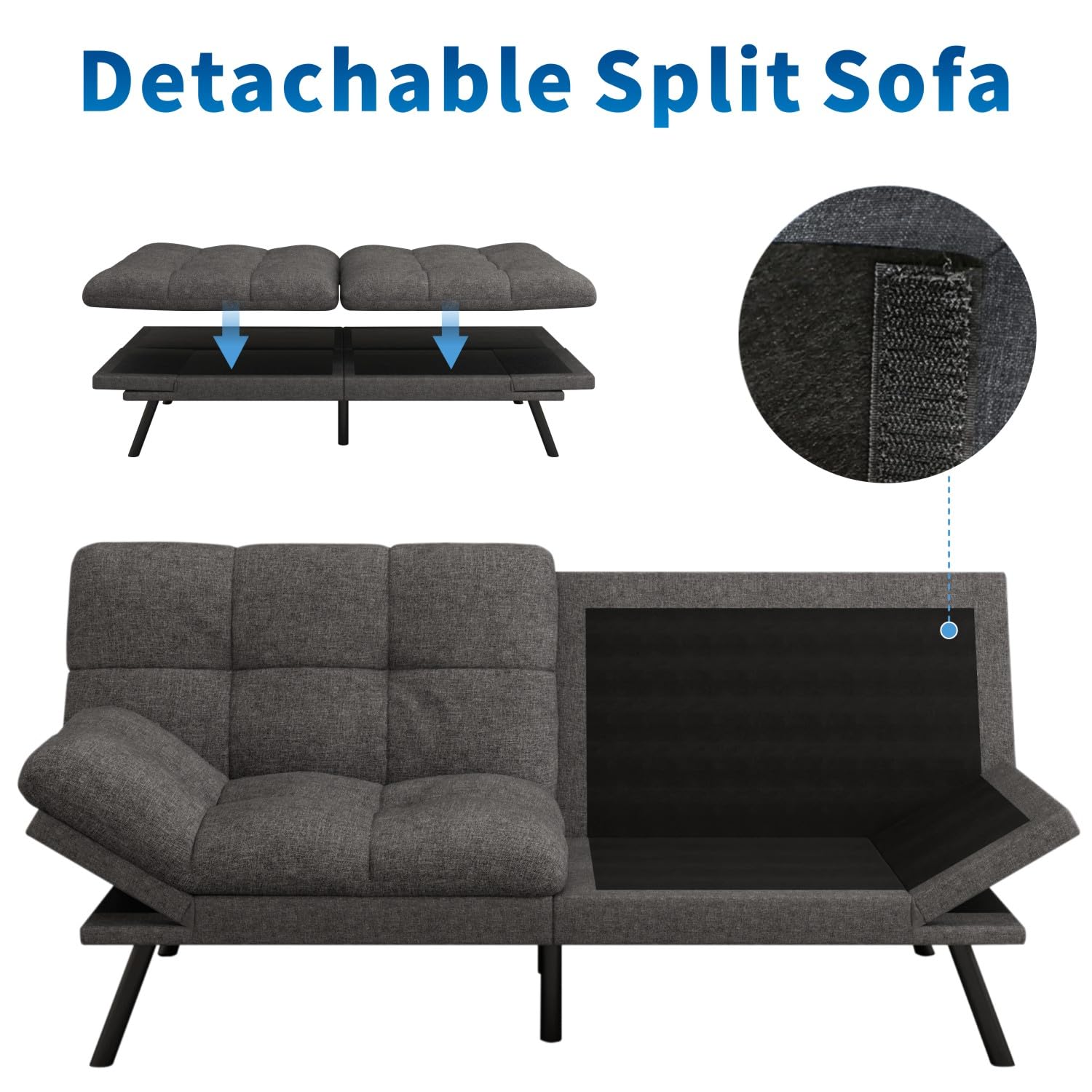 MUUEGM Futon Sofa Bed, 71" Convertible Linen Memory Foam Couch Bed, Modern Backrests Armrests Love Seat for Living Room,Apartment,Office,Charcoal Grey Sleeper Couch