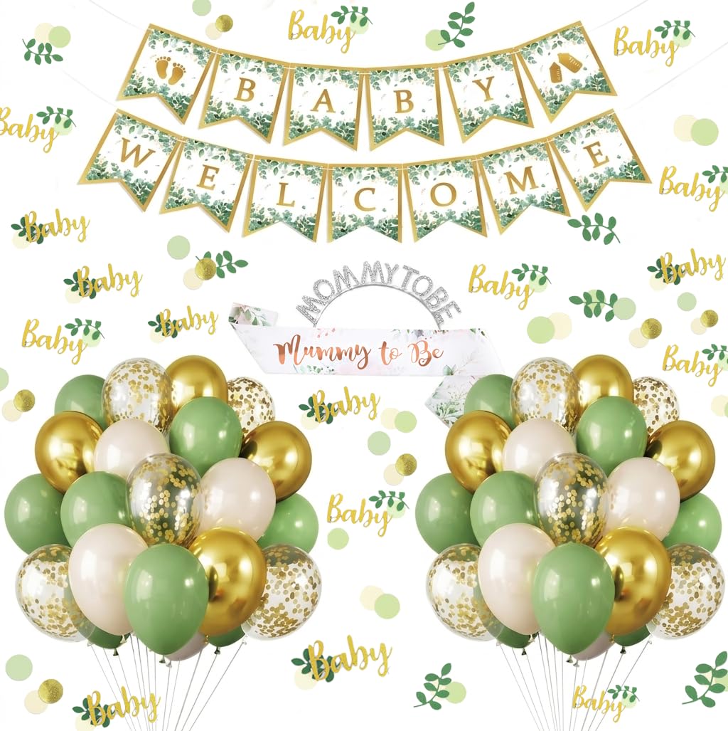 Baby Shower Decorations - 133 Pcs Sage Green Party Decor with Welcome Banner - Gender Neutral Botanical Set for Celebration Party
