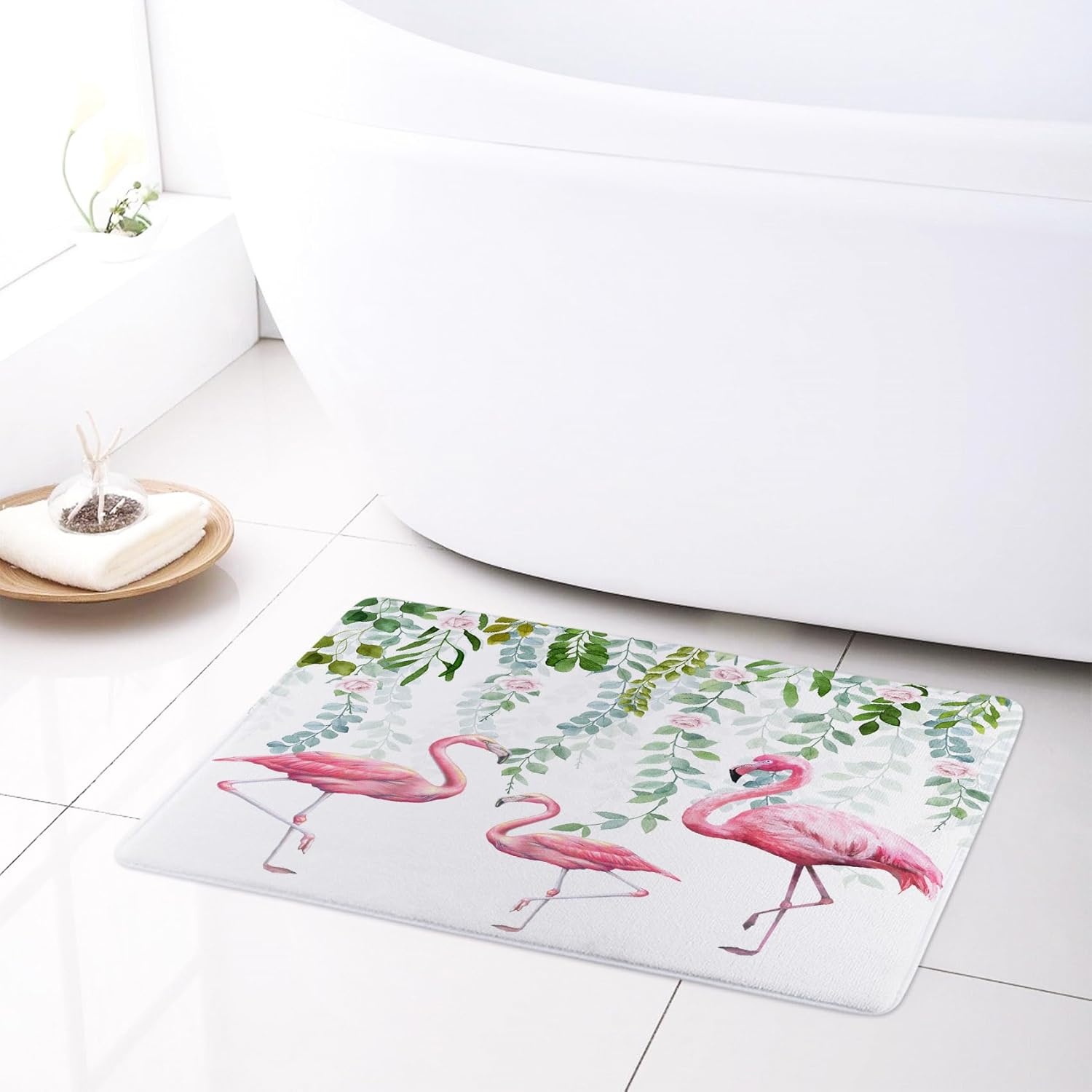 LB Tropical Flamingo Shower Curtain Pink Rose Floral with Green Leaves Shower Curtains for Bathroom Nature Scenery Waterproof Washable Fabric Shower Curtain with Hooks and Bath Mat,72x72 inch