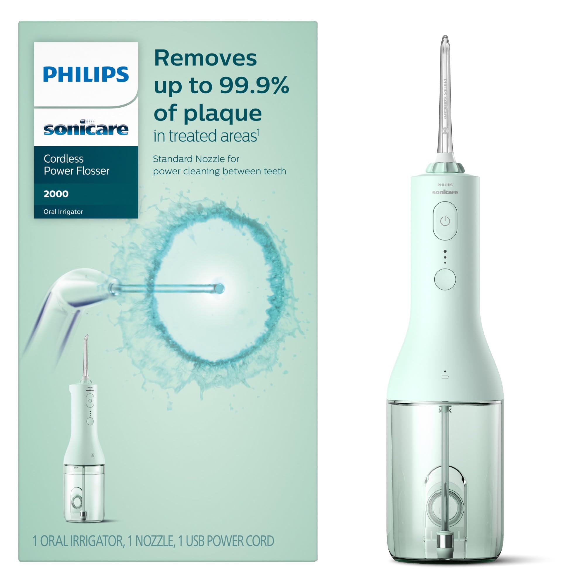 Philips Sonicare Power Flosser 2000 Cordless, Oral Irrigator for a complete clean in 60 seconds, Mint, HX3822/14