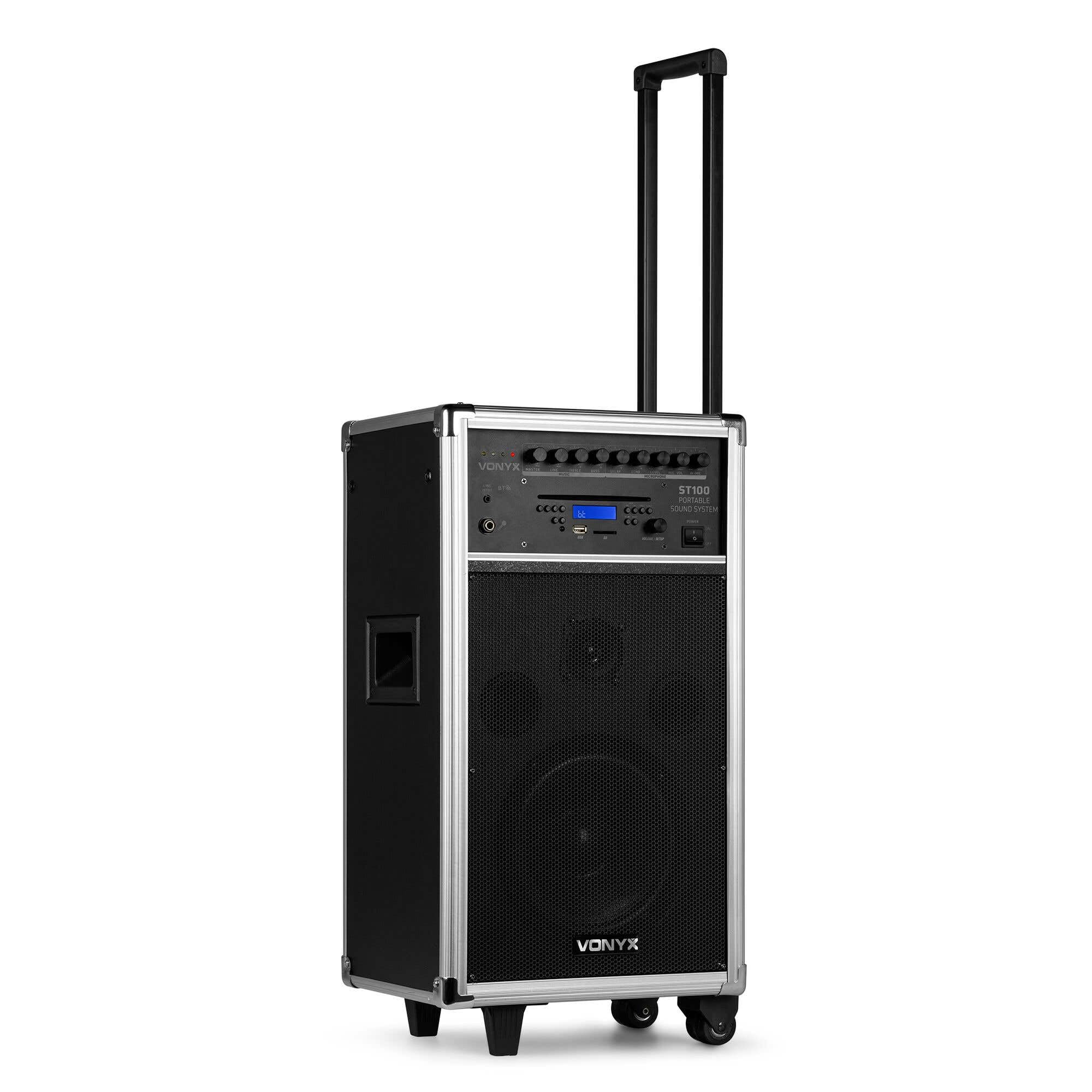 Vonyx ST100 Mobiler Akkulautsprecher mit 2 drahtlosen UHF-Mikrofonen, 1 kabelgebundenem Mikrofon, Bluetooth, USB- und SD-Anschluss, CD-Player und Fernbedienung