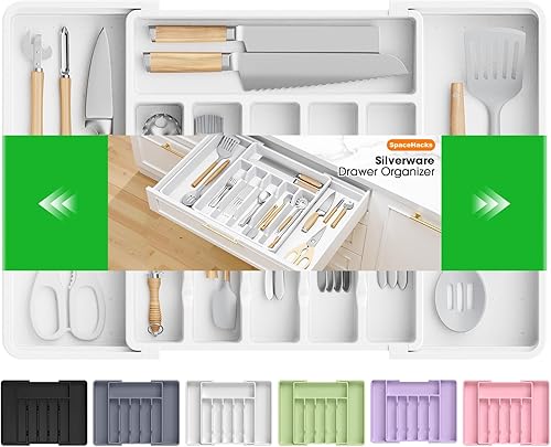 Miniatura 10 de Organizador de cubiertos, Organizador de cajones de utensilios ajustable y expandible, Soporte de utensilios libre de BPA, Bandeja de cubiertos para