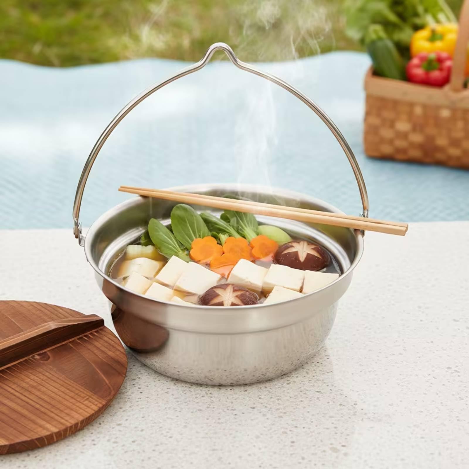 Olla Acero Inoxidable con Tapa Multifuncional Olla Colgante Ergonómico Puchero con Asa para Campistas, Fogata, Camping, 24cm, Olla Colgante Multifuncional De 24cm, Modelo A