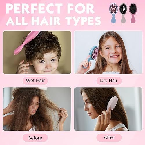 Miniatura 6 de Juego de 56 mini peines para cabello húmedo, 28 cepillos desenredantes de viaje de bolsillo pequeño, 28 peines coloridos para desenredar, cerdas