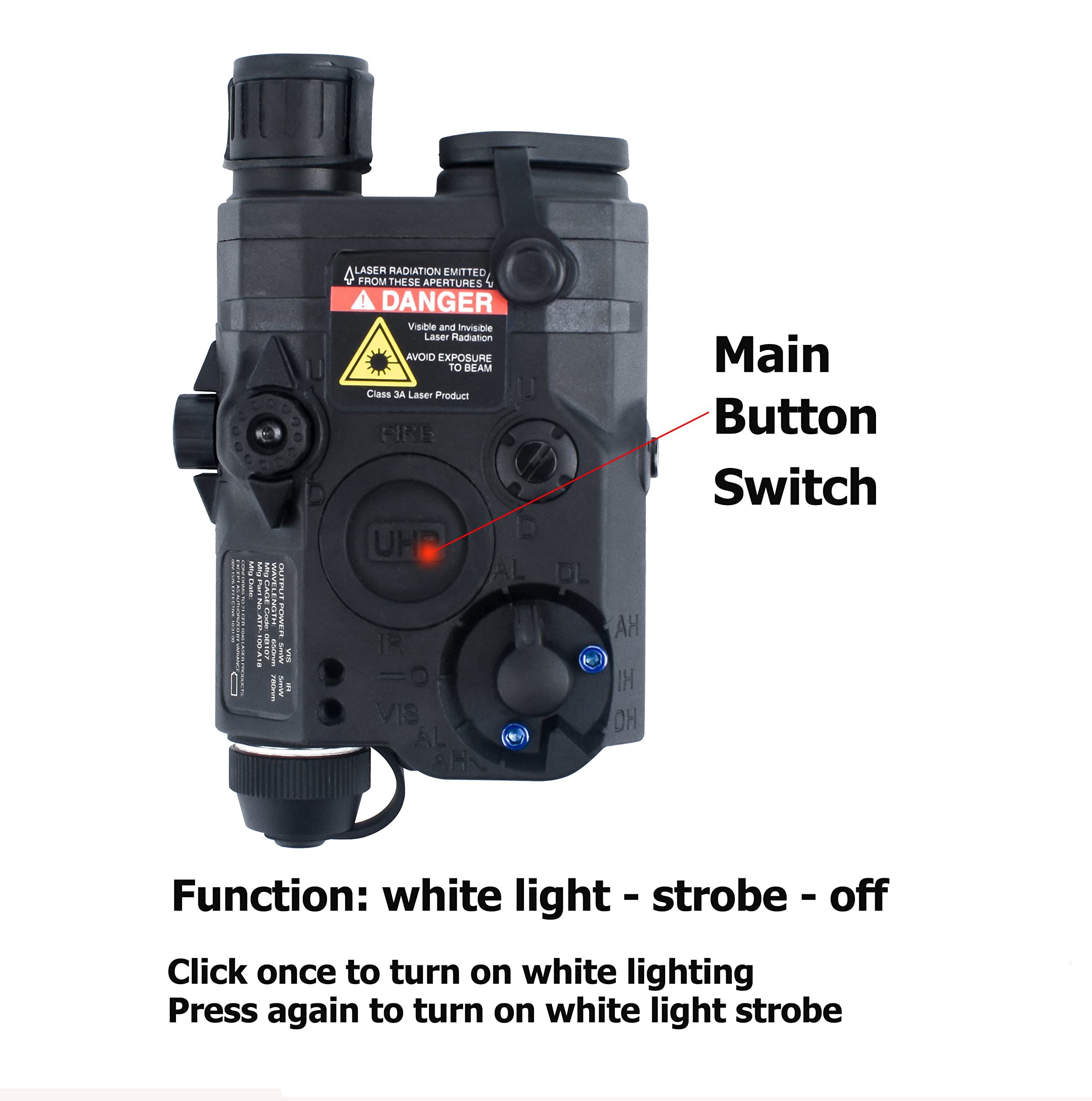 PEQ LA-5C UHP Torch Version lampe de poche, éclairage blanc et boîte de cas de fonction stroboscopique boîte de batterie factice avec interrupteur de coussin de pression LA-5C