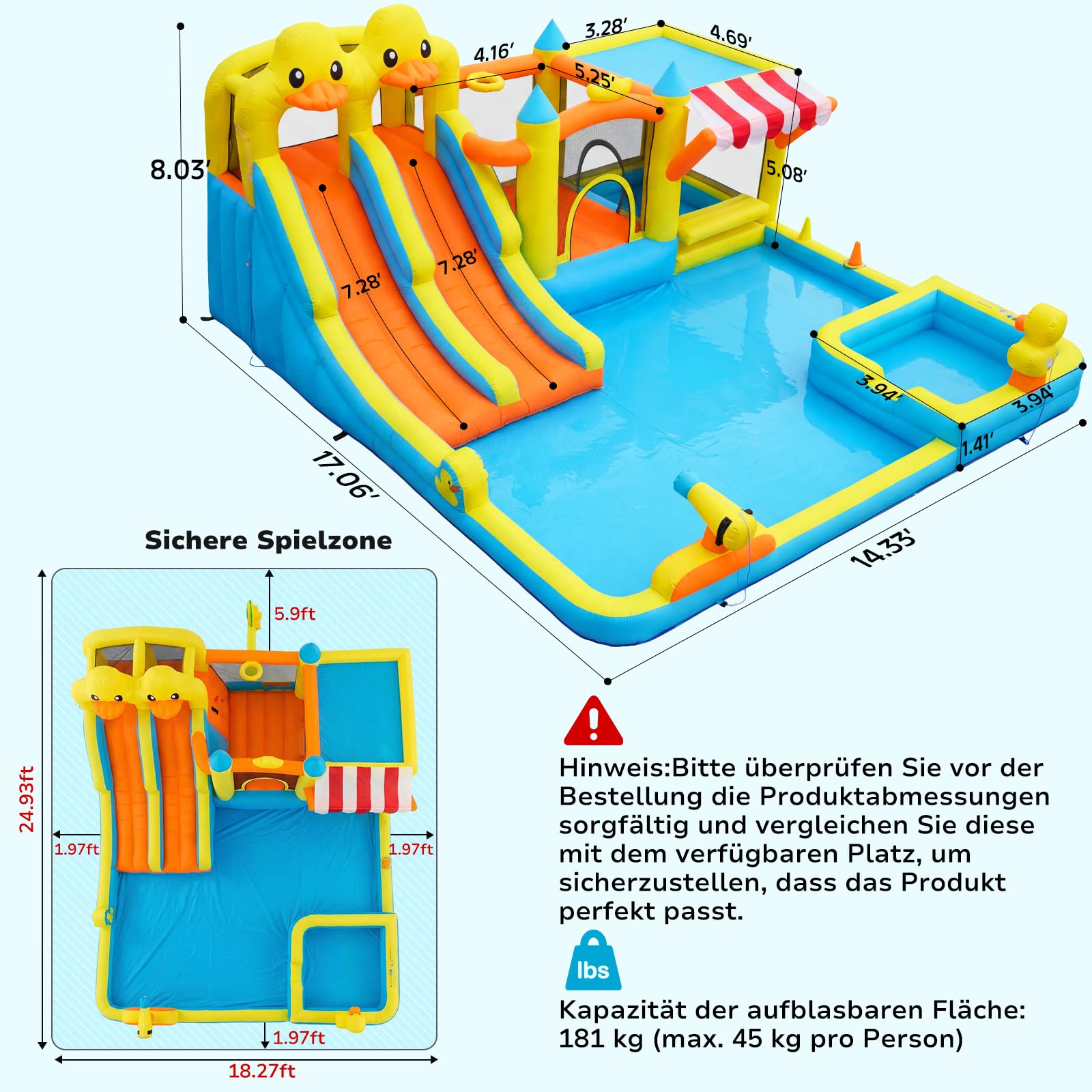 Hapfan Hüpfburg mit Wasserrutsche, 10 in 1 aufblasbare XXL Hüpfburg inkl. Gebläse mit Kletterwand, Springfläche, Wasserpistolen, Splash Pool & Basketballkorb für Kinder, Indoor/Outdoor, 536x436x245