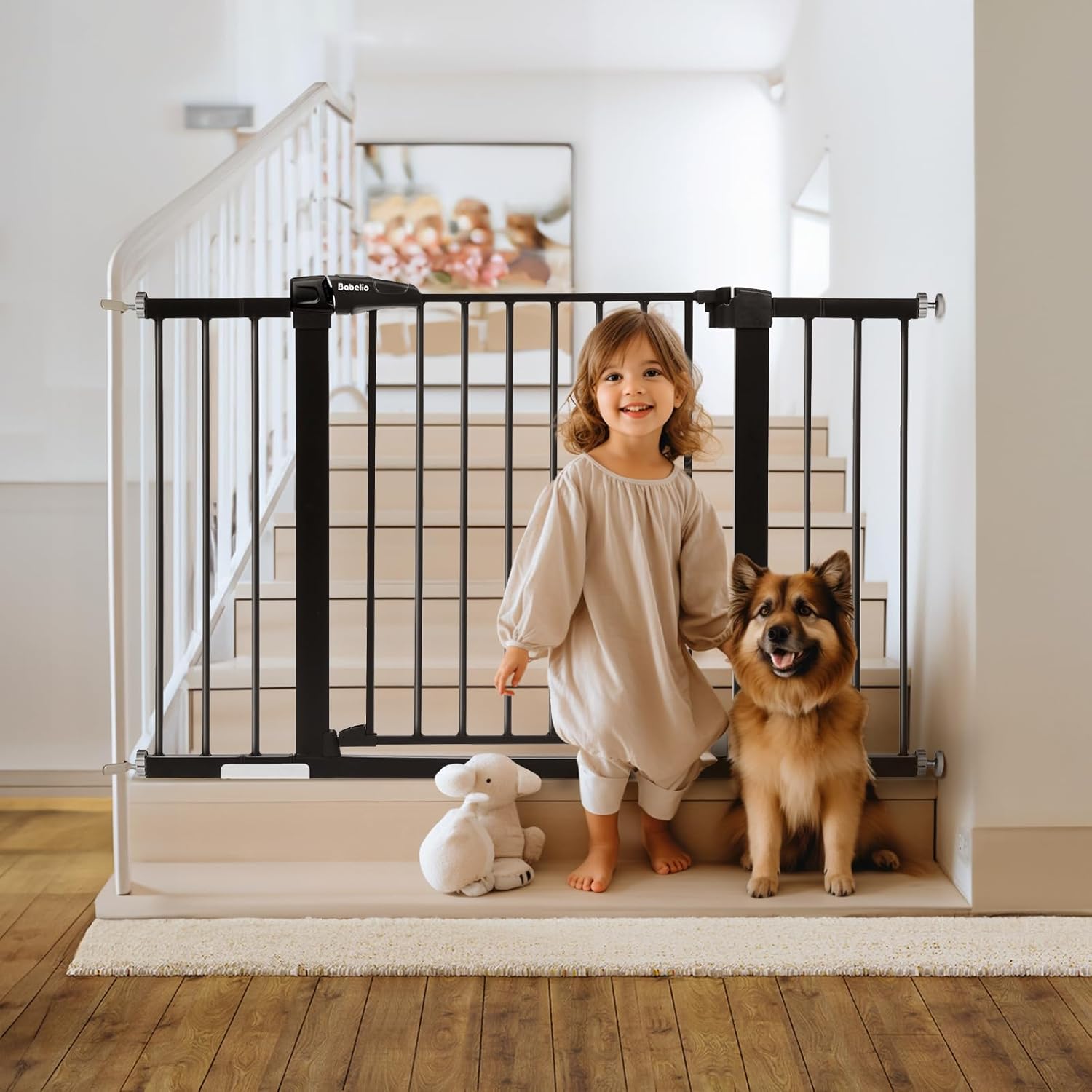 Babelio Metal Auto Close Baby Gate PressGuard P7,Extra Wide Pet Gate for The House and Doorways, Pressure Mounted Walk Thru Child Gate with Door (Black, 30" Tall 29"-48" Wide) Black 30"Tall 29"-48" Wide