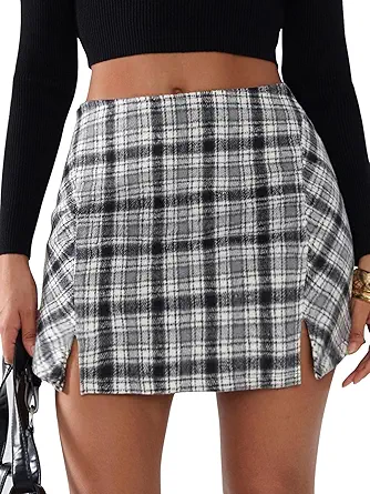Women's Faux Wool High Waisted Plaid Mini Skirt with Side Slits - Y2K Trendy Fall/Winter