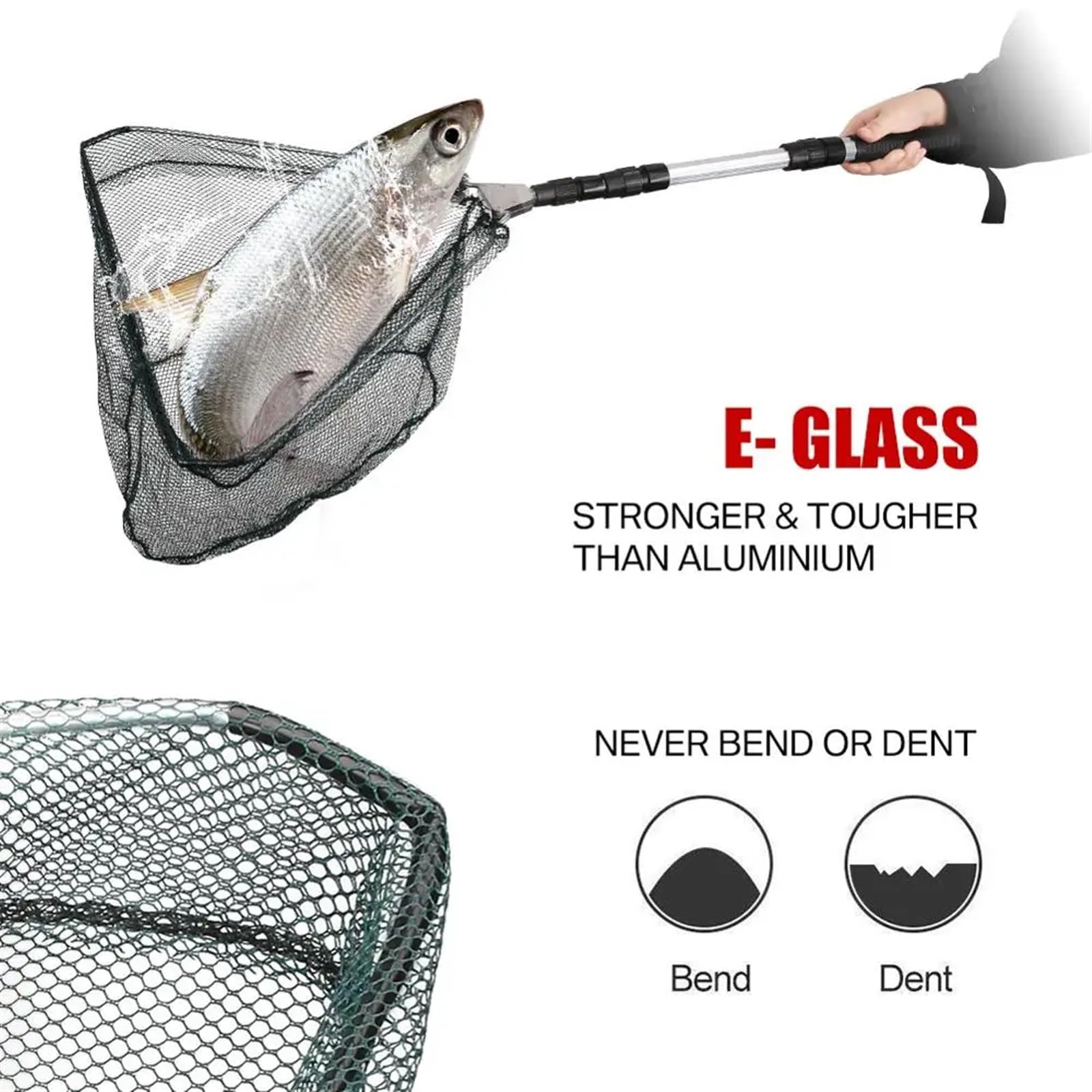 Angelkescher, Fischernetz, 130 cm, Aluminiumlegierung, teleskopierbar, zusammenklappbar, einziehbare Stange für Karpfenangeln, Fangen und Freigabe von Fischernetz