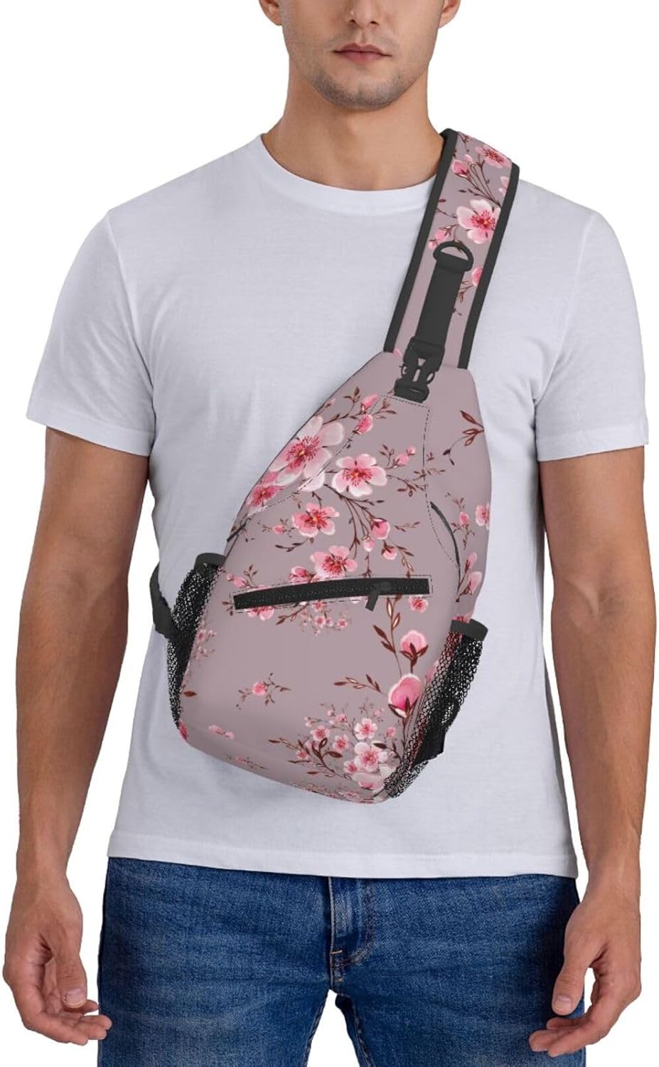 Pink Cherry Blossom Crossbody Sling Bag for Women Men Watercolor Hand Painted Blooming Branches Travel Sling Backpack Casual Shoulder Bag Beautiful Japanese Floral Print Hiking Daypack - Image 6