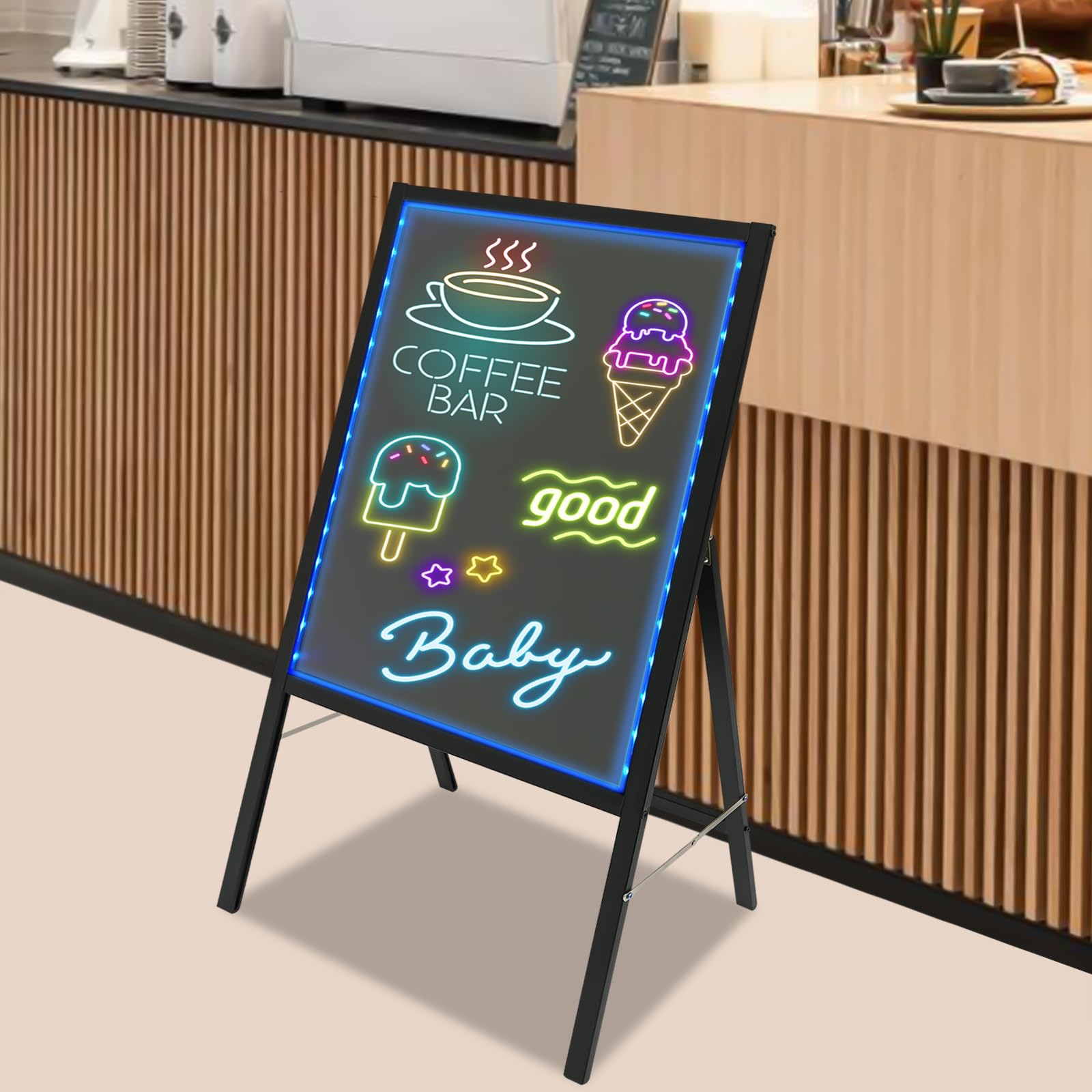 Pizarra LED con soporte plegable, 50 cm x 70 cm, pizarra publicitaria luminosa con mando a distancia y 8 bolígrafos de neón, diseño de bricolaje para cafetería, bar, restaurante, boda