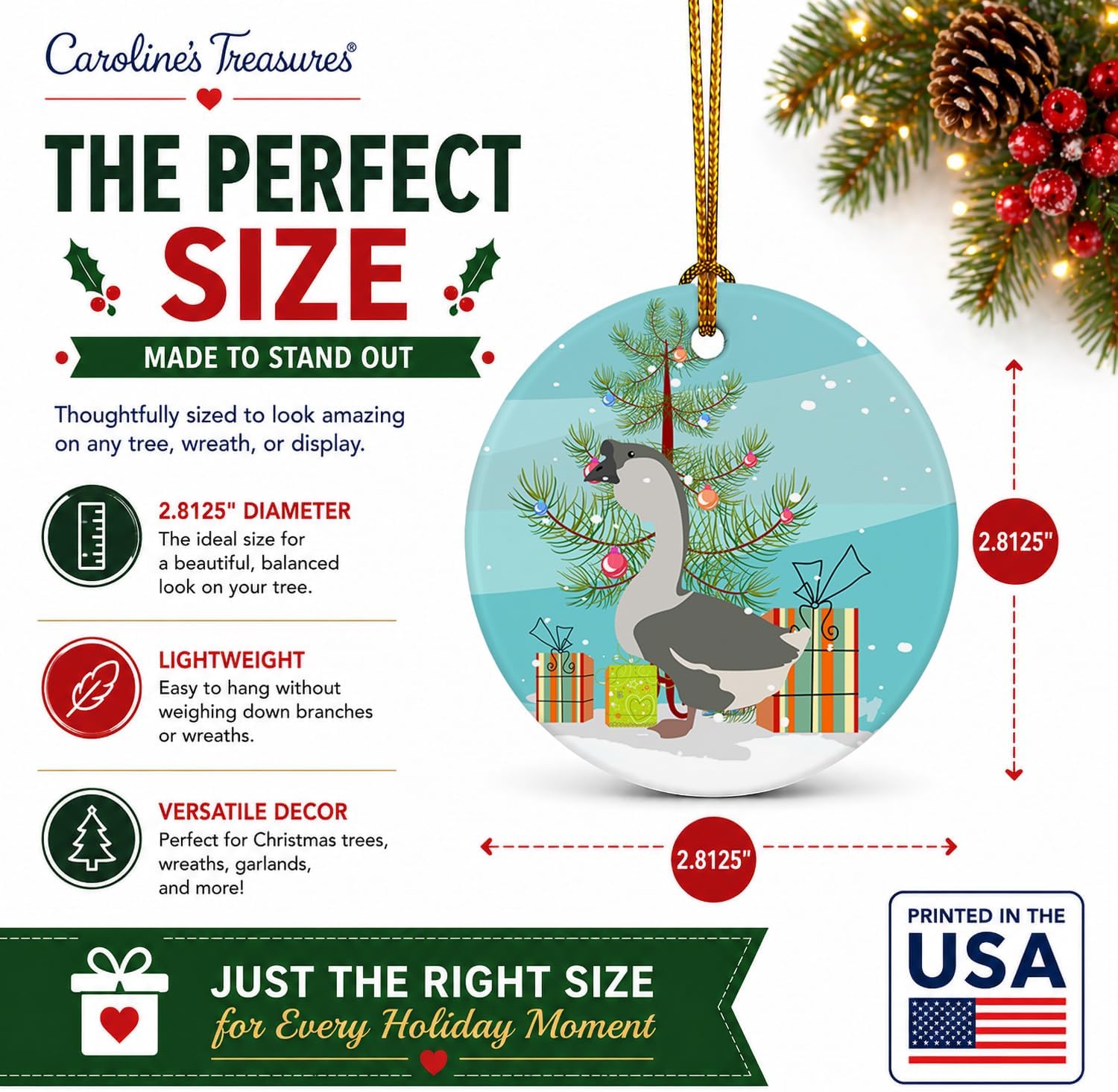 Caroline's Treasures African Goose Christmas Ceramic Ornament, Teal Christmas Tree Hanging Decorations for Home Christmas Holiday, Party, Gift, 3 in, Multicolor