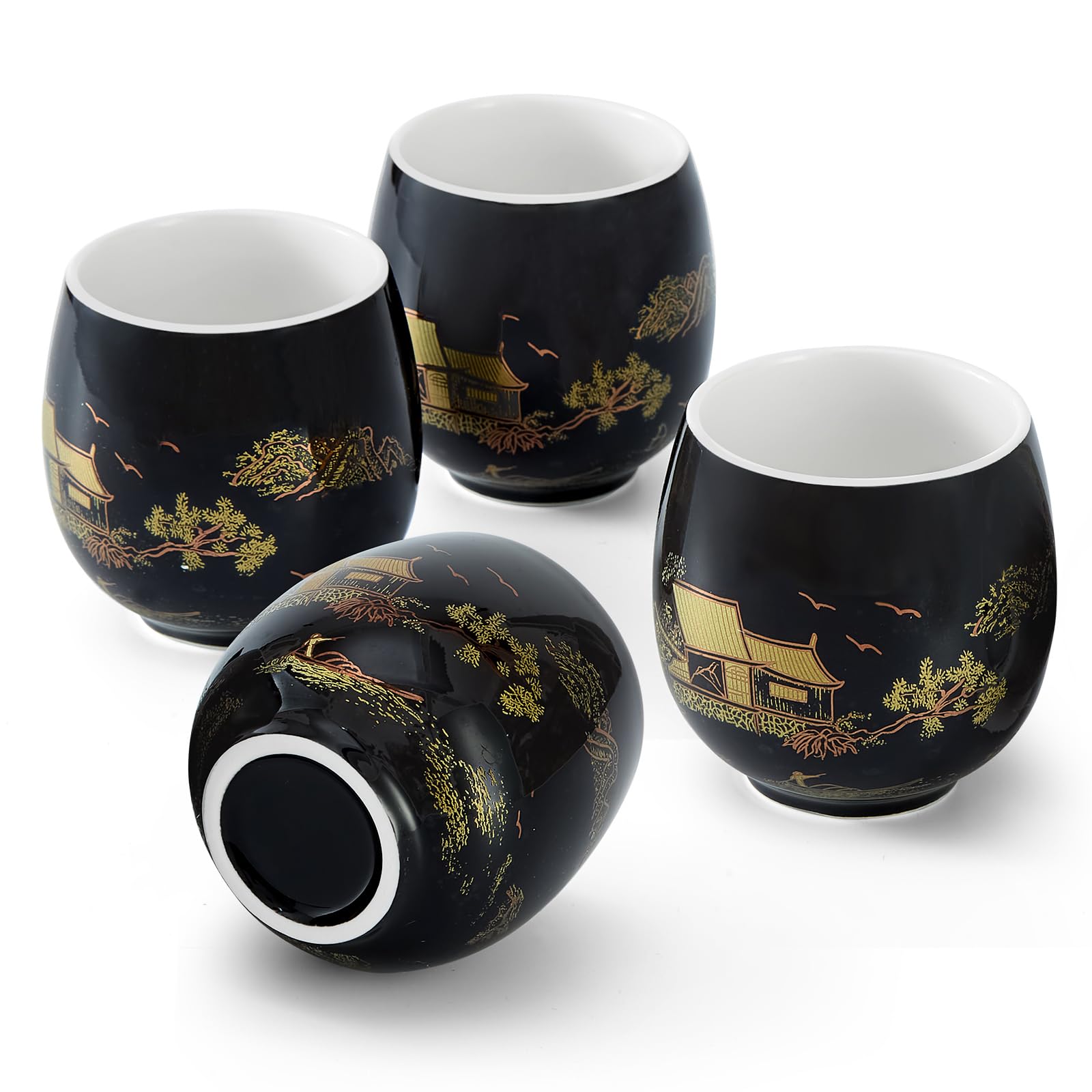 DUJUST Traditional Japanese Tea Cups Set of 4, Black Porcelain Chinese Tea Cups