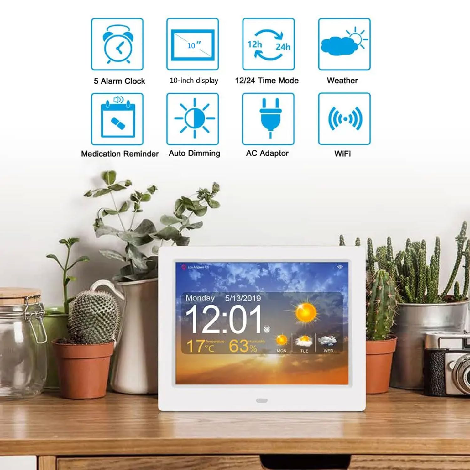 Reloj Meteorológico WiFi De 10 Pulgadas, Pronóstico del Tiempo 9 Modos De Visualización, 5 Despertadores, 4 Niveles De Brillo Ajustable, con Reloj Humidificador De Temperatura Meteorológica