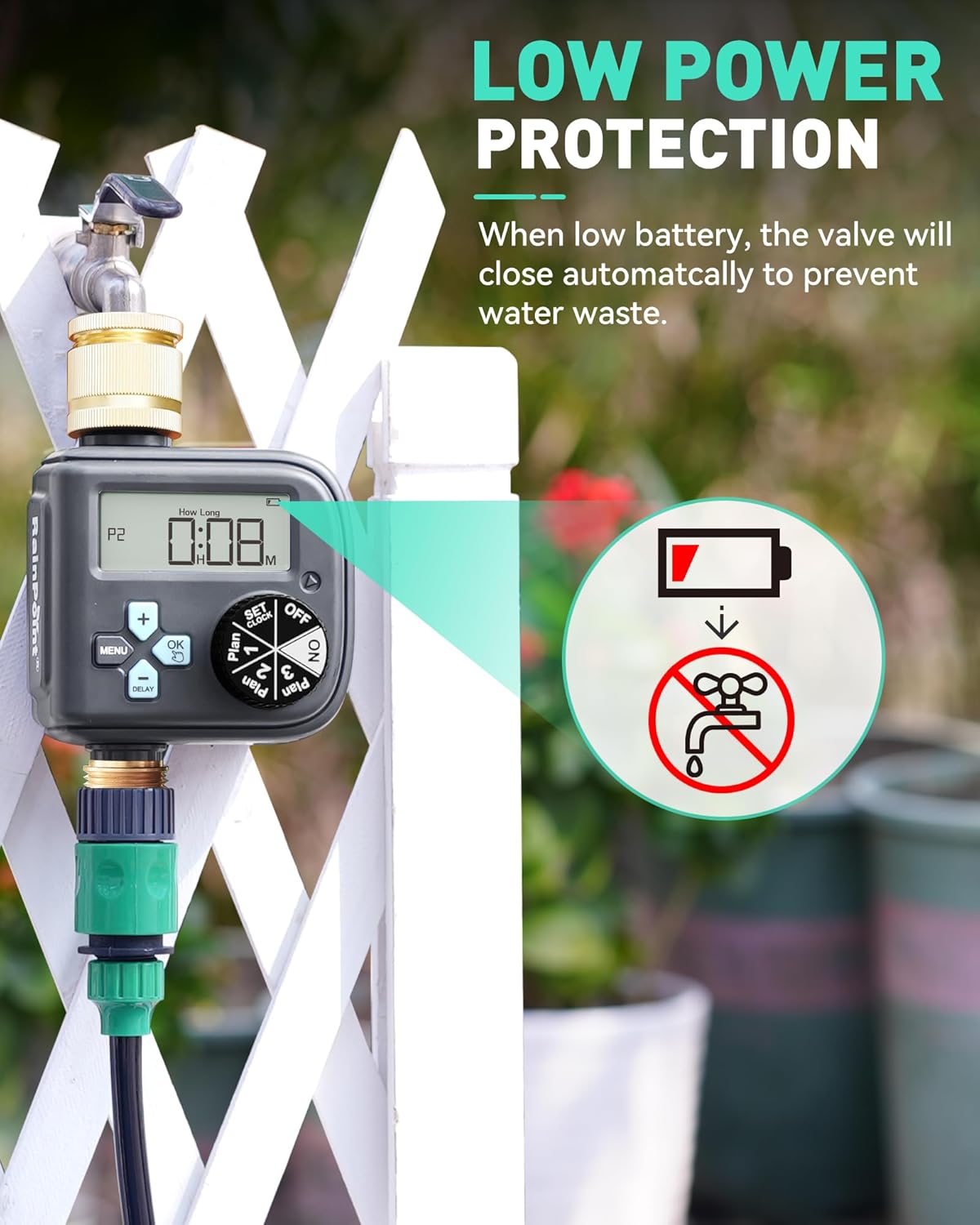 RAINPOINT Water Timer showing low power protection feature with battery icon and closed faucet symbol
