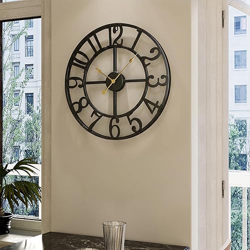 Miniatura 8 de Reloj de pared negro de 16 pulgadas decorativo, moderno reloj de metal para sala de estar, funciona con pilas, silencioso, sin tictac, números