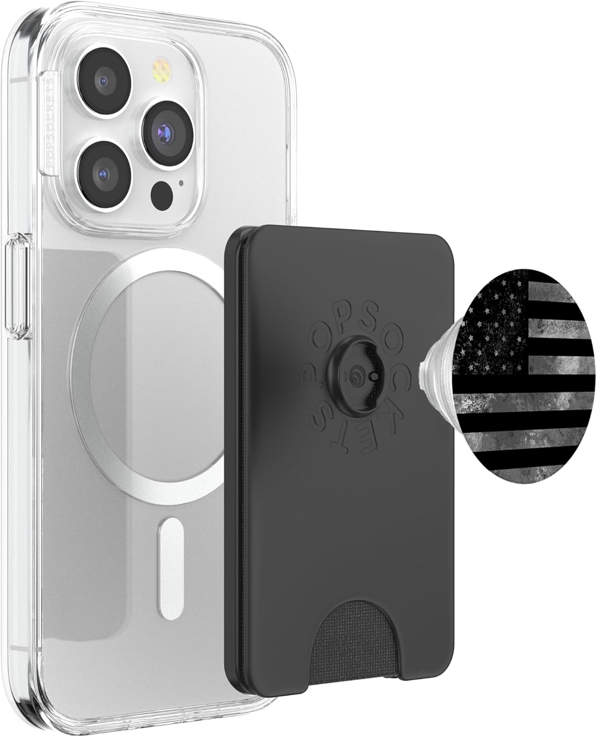 Grungy Grey Black American US Flag Vintage PopSockets PopWallet for MagSafe