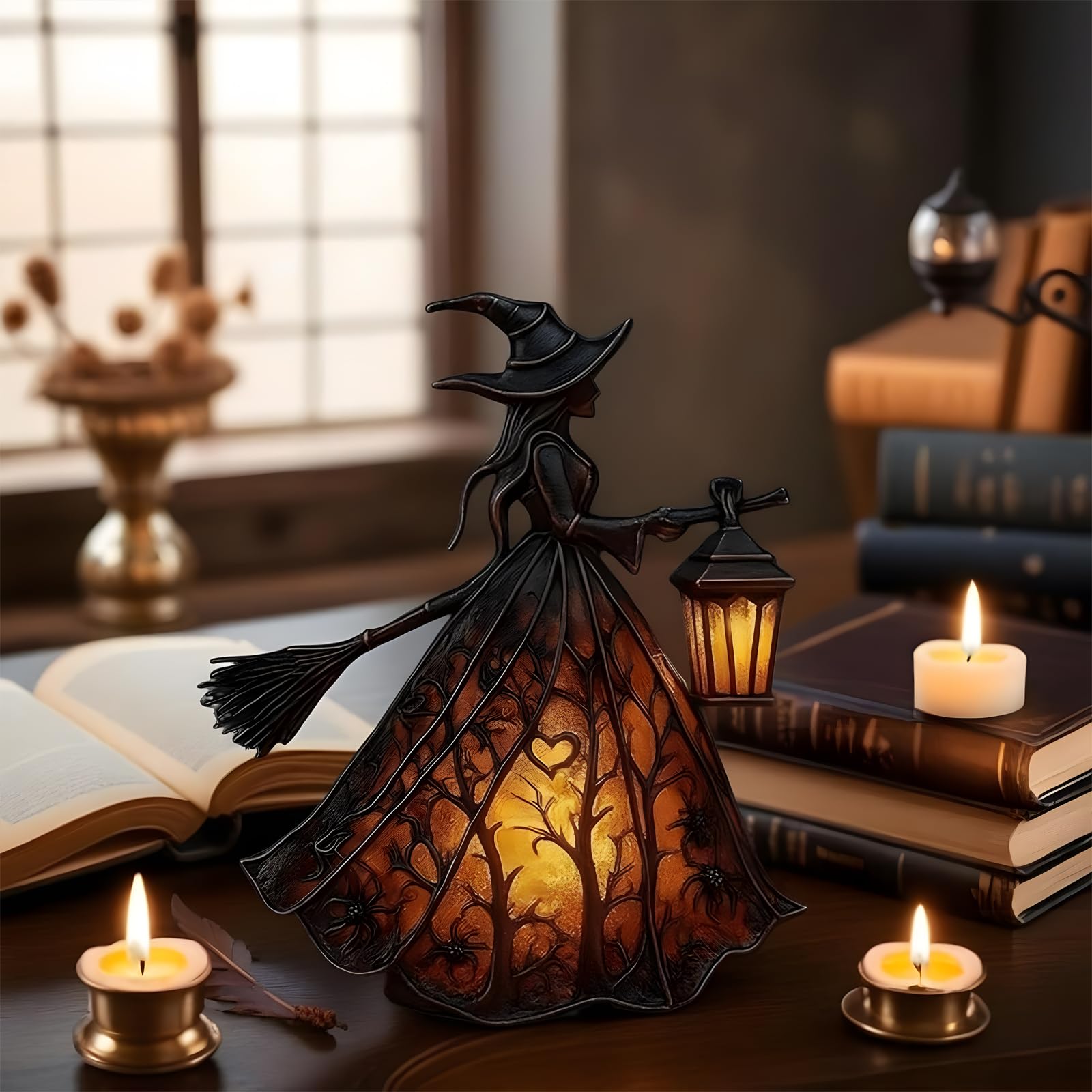 Lámpara de bruja de Halloween, decoración gótica de bruja espeluznante con linterna de sujeción, figura de decoración de lámpara de mesa, luz nocturna de bruja de pie para el hogar, porche, mesa