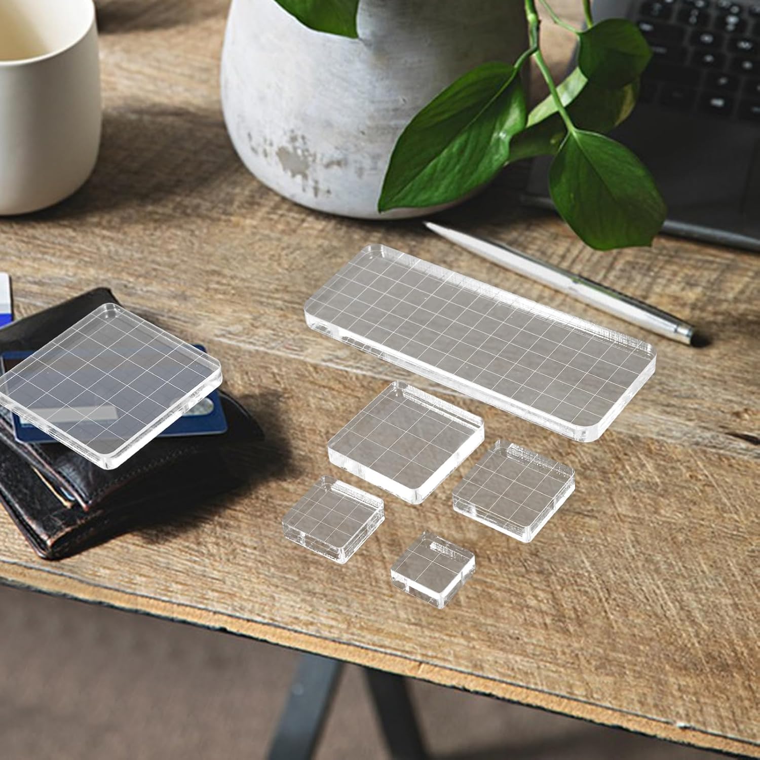 TEHAUX 6pcs Clear Acrylic Stamp Block with Grid Lines for Crafts Scrapbooking and Card Making Essential Transparent Stamping Tools for Precise Alignment and Detailed Designs