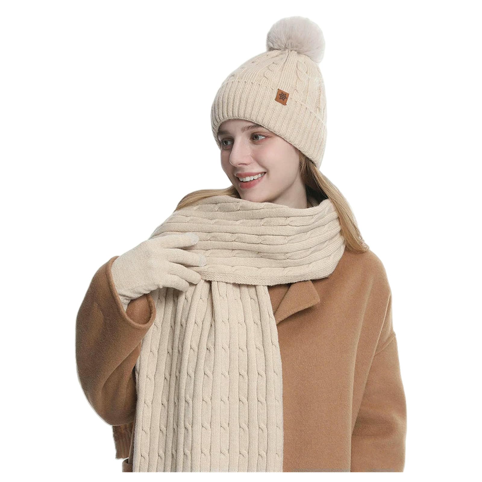 Mütze,Schal & Handschuh-Sets 3 Teile Satz Frauen Winter Hut Schal Handschuhe Faux Pelz Ball Teenager Mädchen Gestrickte Wärmer Anzug Warme Winddicht Frau Kappe Set-rosa-56-60cm