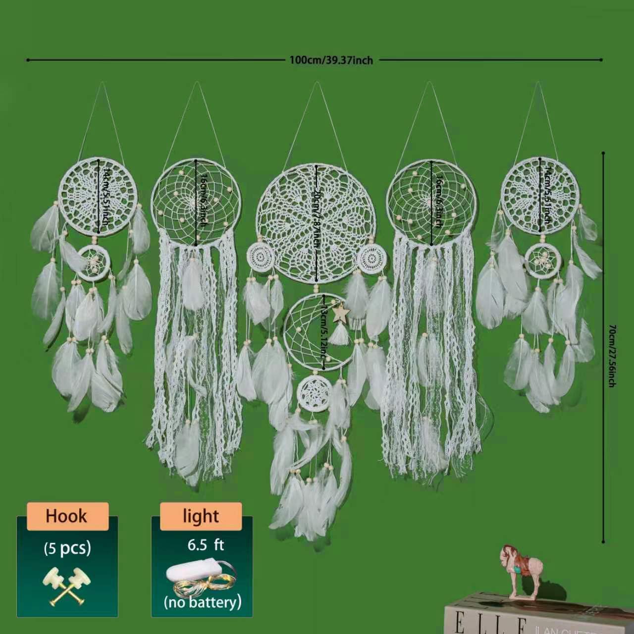 Handcrafted Dream Catcher Wall Decor Set, 5 Pieces, Round Shape, 10 Inch Diameter, Cotton and Feather, Art Deco Style, Moon and Star Design, Indoor Hanging Ornaments (5, Brown)