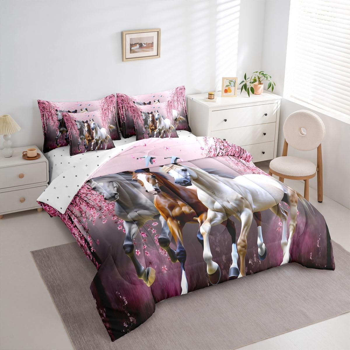 Kids Horse Twin Size Comforter Set with Sheets Cherry Blossom Branches Steed Boys Bed in a Bag for Girls Teens Galloping Horse 7 Piece Bedding Set 3D Wild Animal Decor Bed Set Bedroom Collection - Image 2