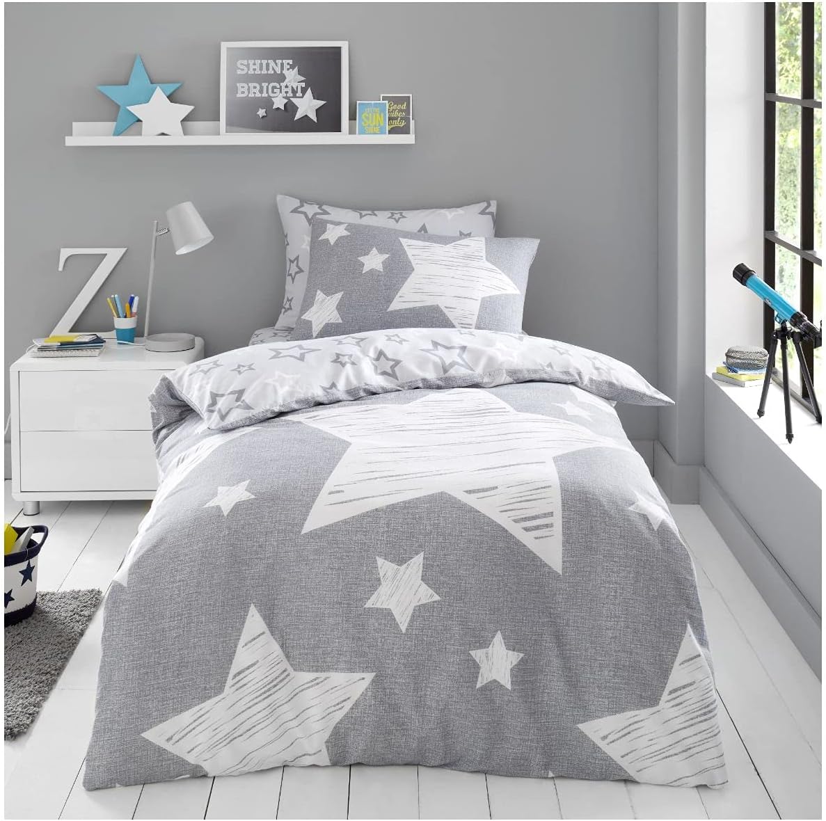Scandi Bear Forest Bedding - Junior Fitted Sheet Set, Grey/Black/White Kids Bedroom Theme, 48% Cotton 52% Polyester (Fits 70x140cm Mattress)-1009619