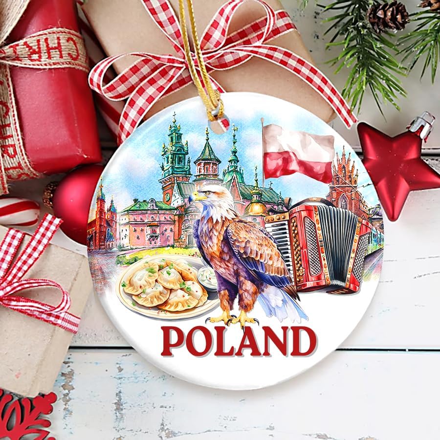 Poland Country Ceramic Ornament - Polish Flag Festive Decor - Round Ceramic Keepsake - Holiday Travel Souvenir Ornament - Polish Eagle, Pierogi, Wawel Castle & Accordion - Image 5