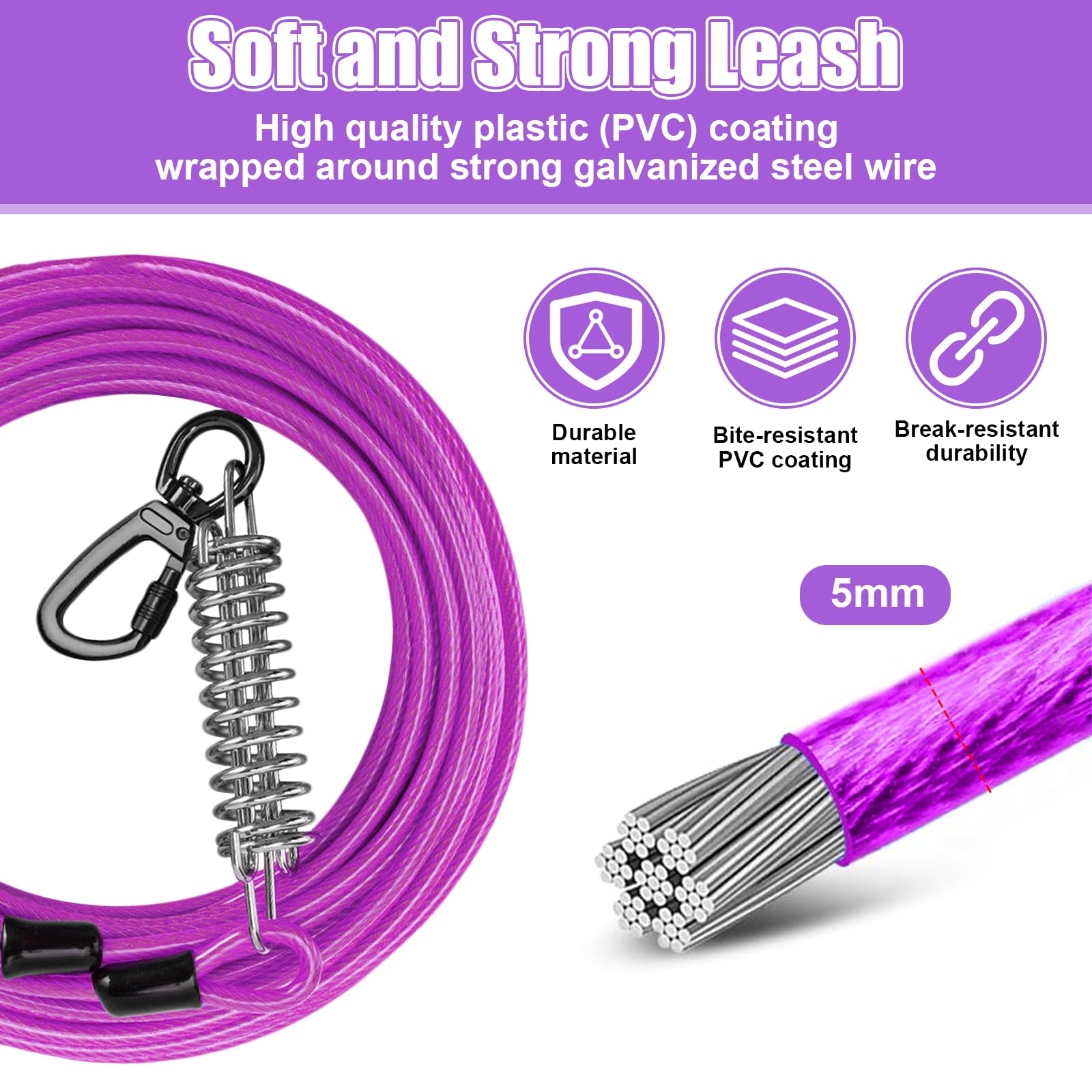 Câble d'attache pour Chien de 9 m (29,5 pi) avec Crochet Verrouillable à Ressort Durable et Sac de Rangement, Laisse Réfléchissante Anti-Morsure pour Chien l'Extérieur, Jardin Camping (Violet)
