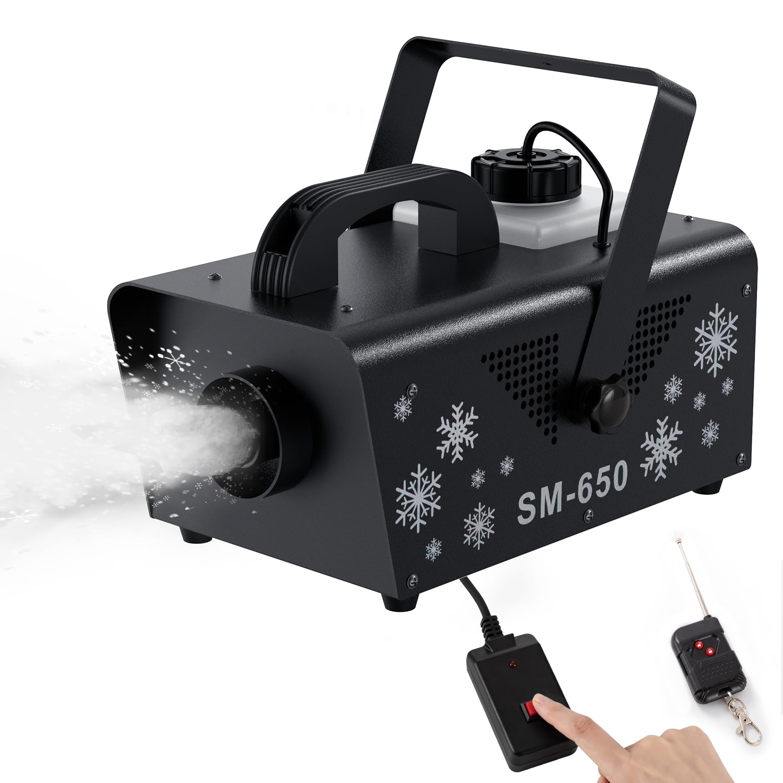 Kunstschneemaschine 600 Watt mit Fernbedienung – Schneekanone für drinnen und draußen mit 6 LED-Leuchten – Ideales Winter- und Partyschneegerät