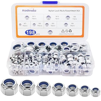 198Pcs Nylock Nuts M3 M4 M5 M6 M8 M10 M12, Carbon Steel Lock Nuts