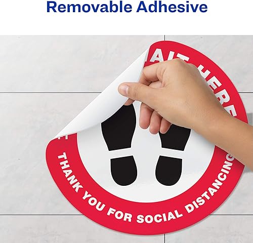Vista 5 de Avery Calcomanías rojas de distanciamiento social "Please Wait Here", 10.5 pulgadas de diámetro, 5 calcomanías extraíbles (83090)