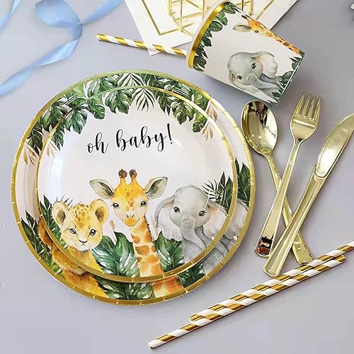 Miniatura 5 de Platos para baby shower de safari, decoración dorada de animales de la selva para 24 invitados, suministros temáticos de safari en la selva, platos