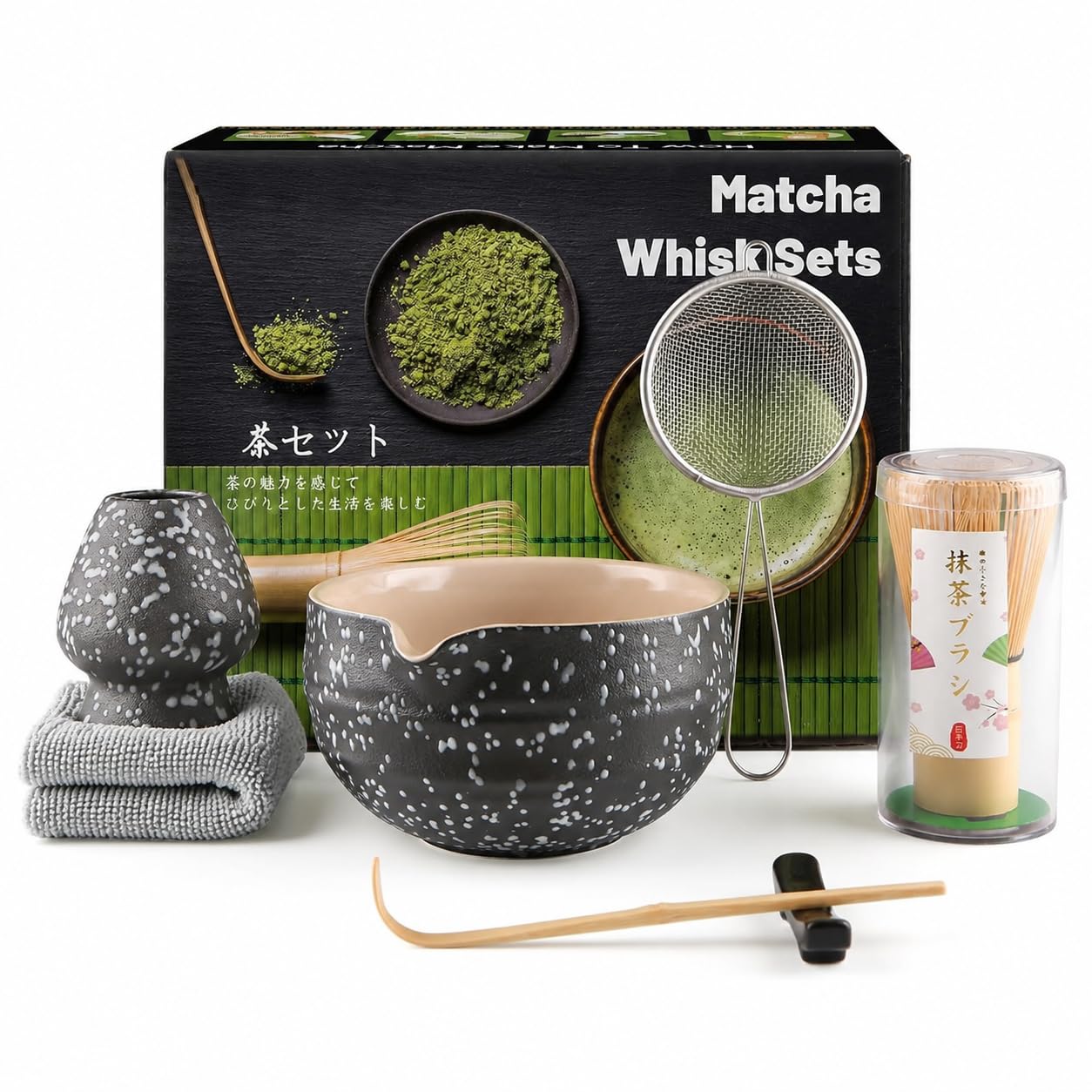 7 Pcs Matcha Set with Bamboo Whisk, Spout Bowl & Holder, Speckled Black