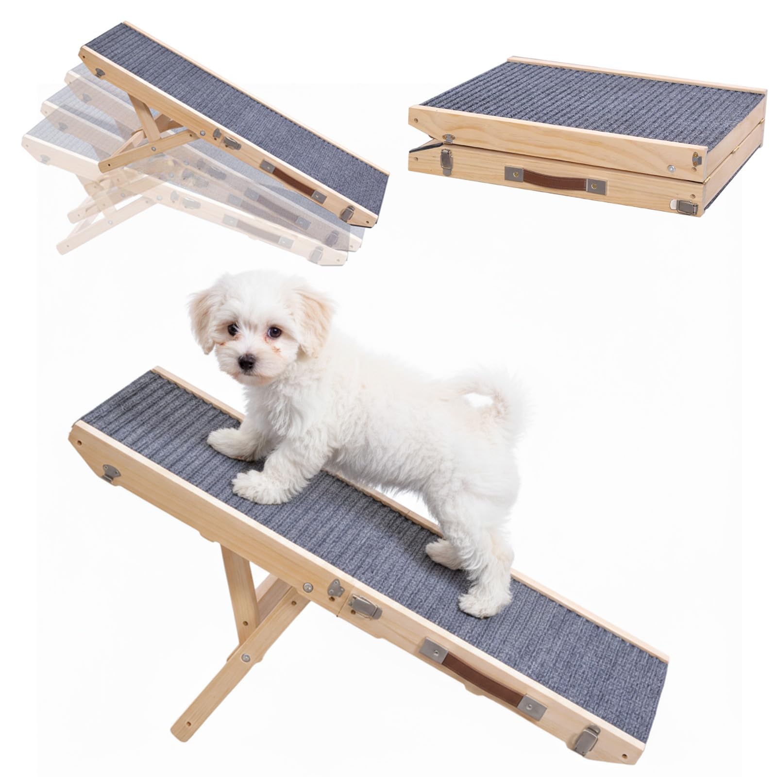 Rampe pour chien en bois, Escalier pour chien 4 marches Réglable de 24,5 cm à 45 cm, Rampe pour chien avec coussin antidérapant pour canapé, voiture, lit, Rampes pour chien pliables pour