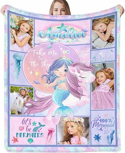 Manta de fotos personalizada para bebés y niñas, manta de sirena personalizada con nombre para niños, niñas y adultos, 50 x 60 pulgadas, fabricada