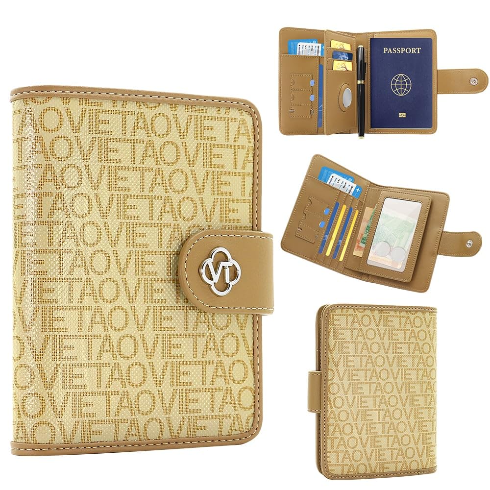 XIMAND Passport Holder Wallet Bag with AirTag Holder, Card Slots and Passport Solt Ticket Cash Solt, Photo Solt Sim Card Pen Slot.Apricot