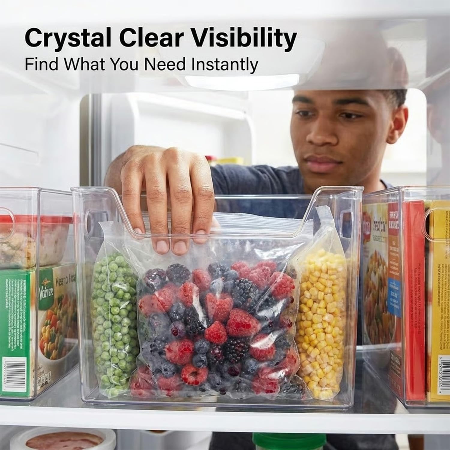Crystal Clear Freezer Storage Bins, Clear Plastic Organizer Bins with Handles, Stackable Freezer Refrigerator and Pantry Storage Containers for Frozen Food, Meat, Vegetables, Meals and Snacks (6 pack)