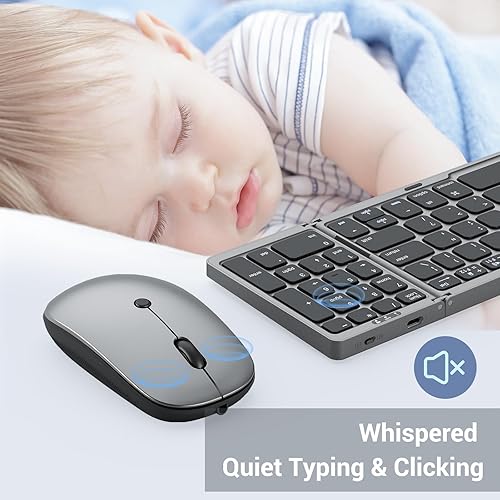 Miniatura 5 de Teclado y mouse plegables para computadora portátil, teclado plegable Bluetooth de viaje con funda portátil, teclado recargable para negocios, 2.4G