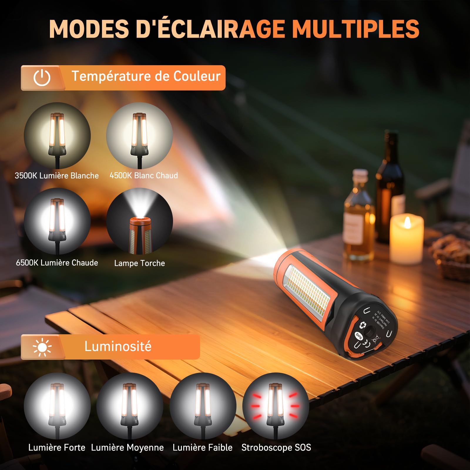 Adewalk 15000mAh Projecteur de Chantier LED Rechargeable avec Trépied, 5500LM Lampe de Camping à 3 Têtes, Étanche IP65, 5 Mode, Lampe de Travail Réglable pour Atelier, Garage, Construction(Orange)