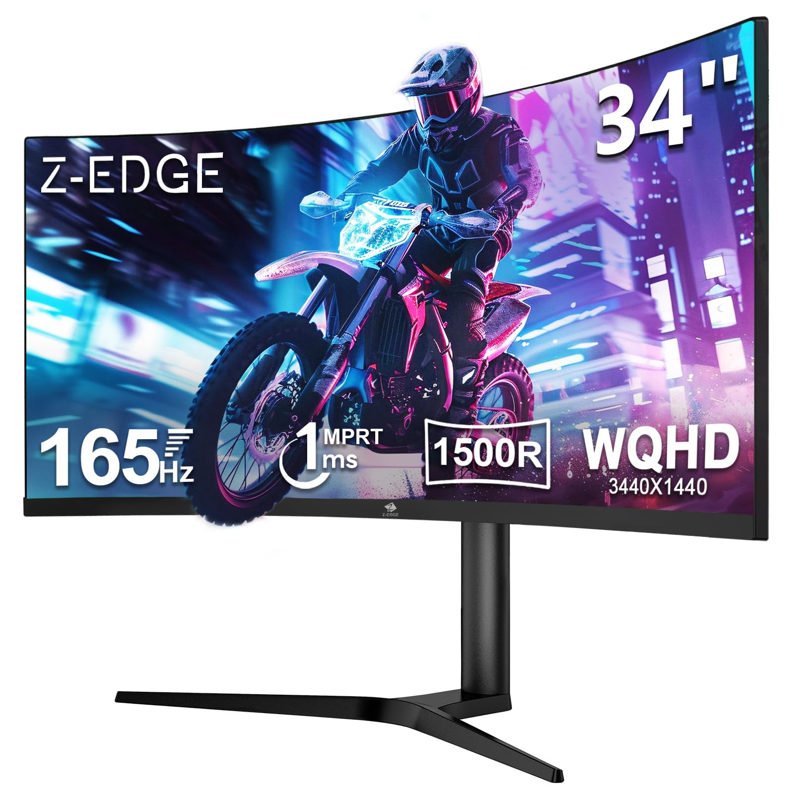Z-Edge Monitor Gaming Curvo 34'', 3440x1440, 165Hz, 1ms MPRT, Altezza & Inclinazione Regolabili, Schermo Ultra Ampio 21:9 con DP Cavo, FreeSync, 1500R VA, 2*HDMI2.0 & 2*DP1.4, RGB, VESA 100 * 100mm