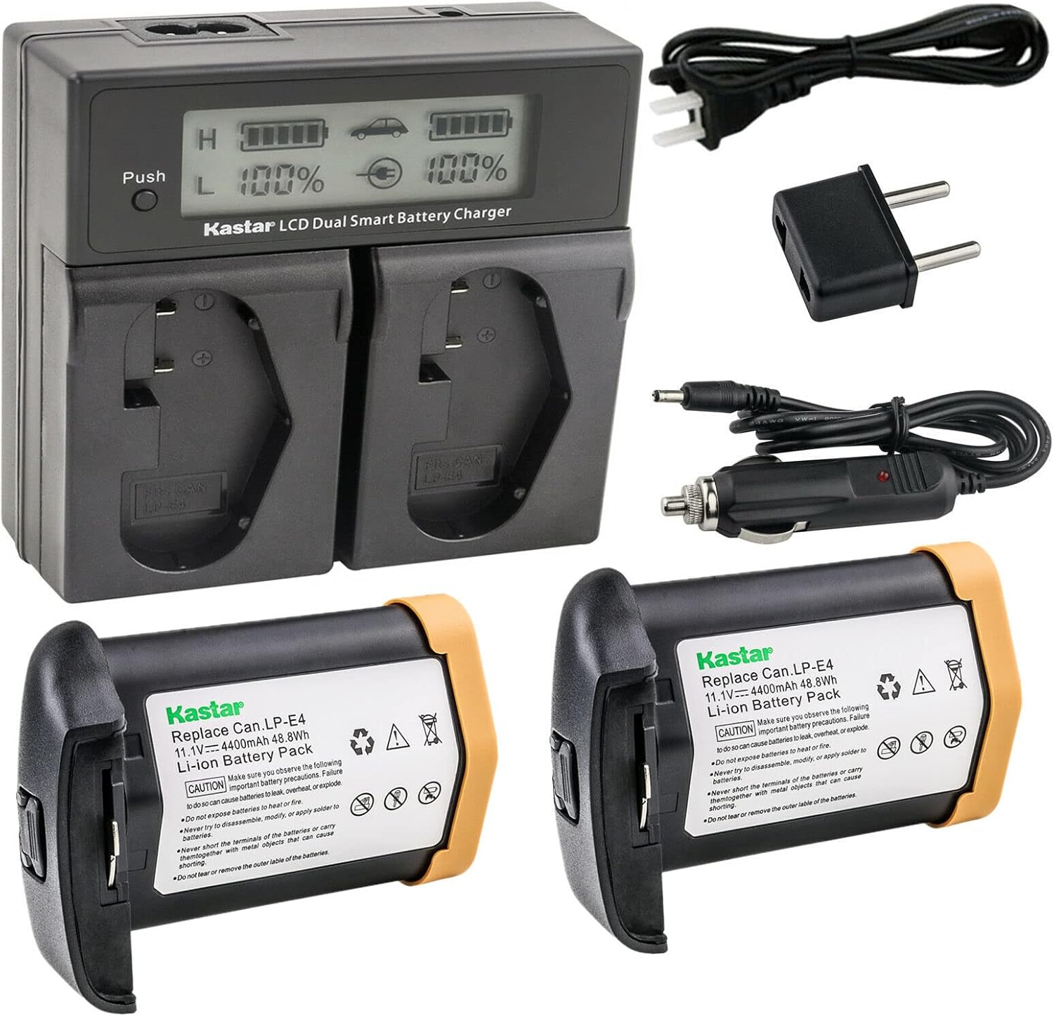 Kastar 2-Pack LPE4 Battery 11.1V 4400mAh and AC LCD Dual Fast Charger Compatible with Canon LP-E4 LPE4, US 5751B002 Battery, Canon LC-E4 LC-E4N Charger, Canon EOS 1D Mark IV, Mark 4 Camera