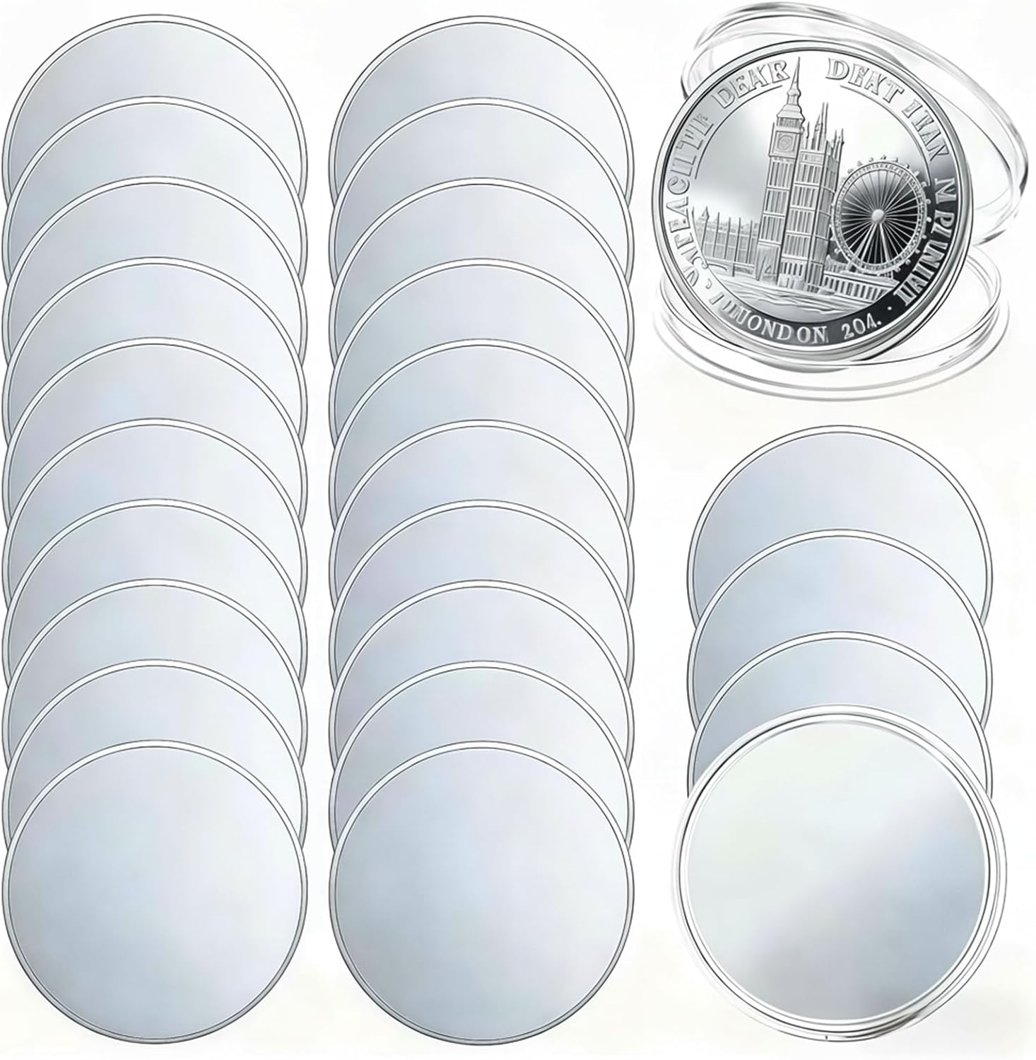 24PCS Alloy Blank Challenge Coins 40mm Laser Engravable Threaded Edge with Acrylic Protection Box for DIY Crafts and Commemorative Collection (Silver-Plated)