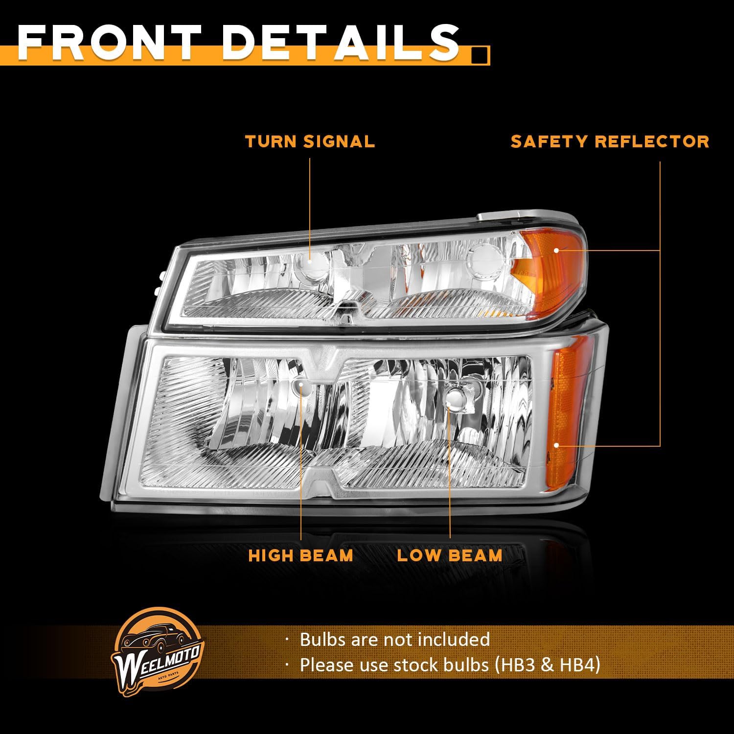 WEELMOTO Headlights for 2004-2012 Chevy Colorado/GMC Canyon,for 2006-2008 Isuzu I-Series, Headlamp Chrome Housing Amber Reflector Left+Right Side
