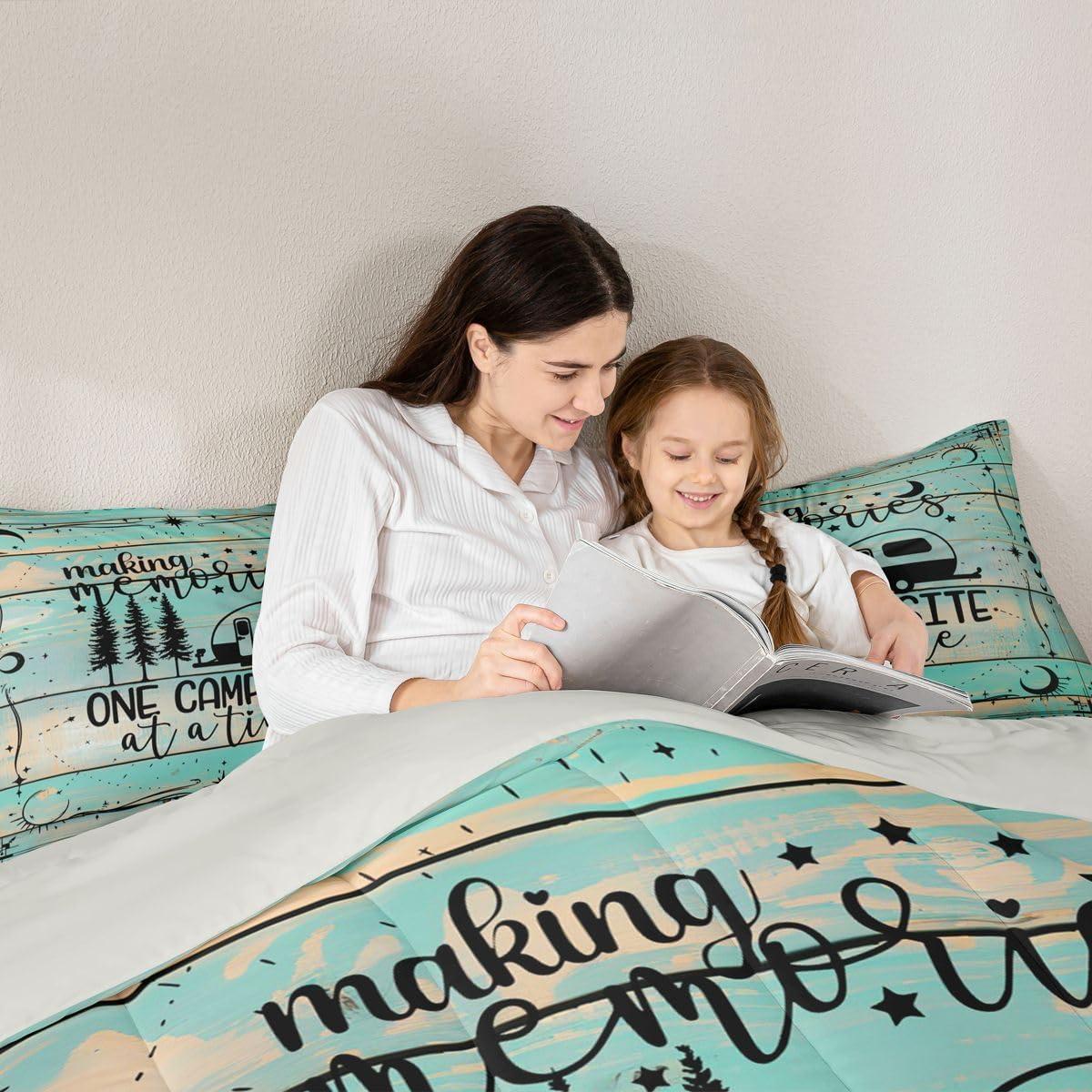 Erosebridal Rv Camper Comforter Set Queen Size, Happy Camping Quilt Country Rustic Farmhous Bedding Set for Kids Boys Teens,Vintage Wooden Barn Door Bedding Comforter Sets with 2 Pillow Cases, Green