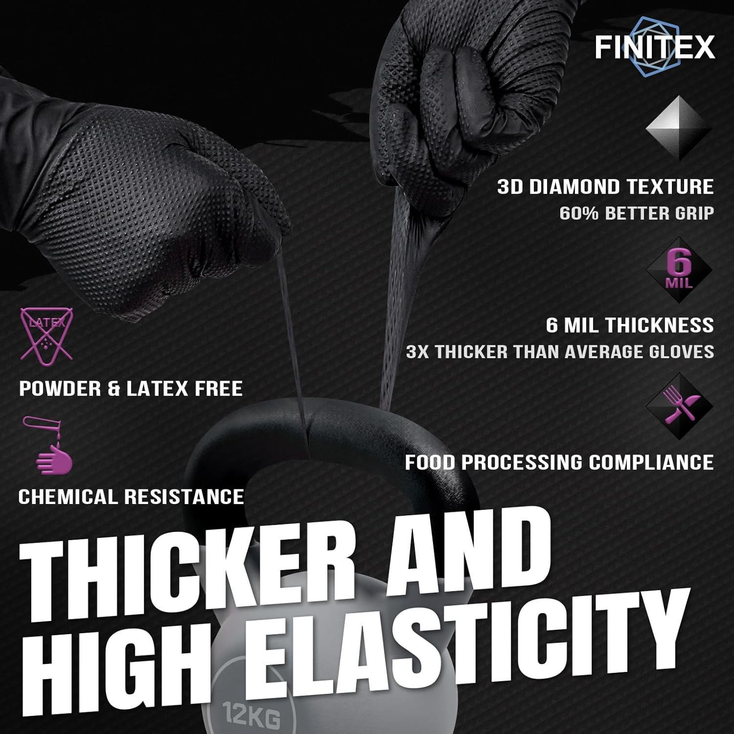 FINITEX Industrial Diamond Texture Nitrile Black Glove - 100/1000PCS Chemical Resistant 6.3mil Mechanic Disposable Gloves