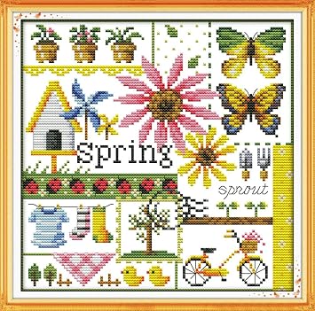 Awesocrafts Cross Stitch Kits, Four Seasons Spring Easy Patterns Cross Stitching Embroidery Kit Supplies Christmas, Stamped or Counted Spring, Counted
