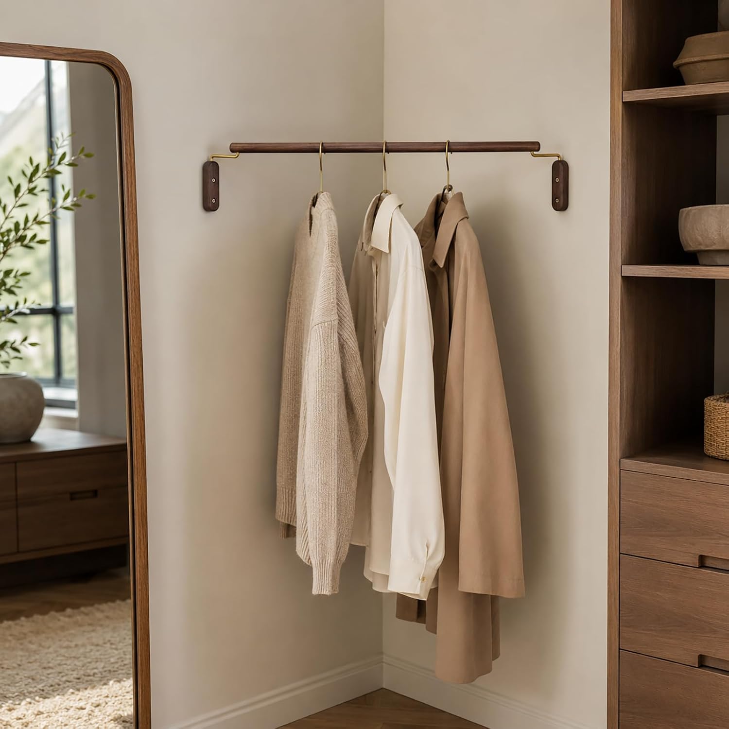 Solid Wood & Metal Corner Clothes Rack, Wall Mounted Coat Hanger Rod