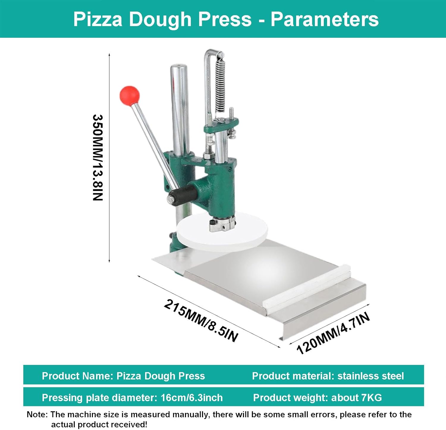Professional Manual Pizza Pastry Presser w/2 Dish Plate, Pizza Crust Press Plate Stainless Steel Pizza Forming Machine - Easy To Clean, Pizza Pasta Making Tools for Cafeterias 16cm
