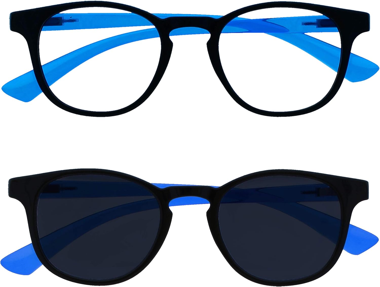 OPULIZE Kids Twin Pack Blue Light Glasses With Matching Sunglasses Boys Girls Age 6+ Black Neon Blue Pink BS47